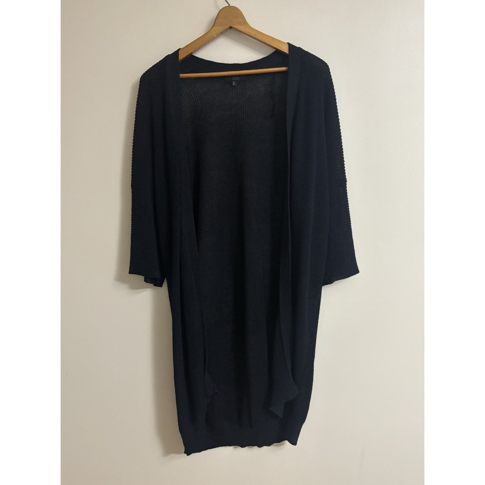 COS Longline Open Front Knit Cardigan Navy Blue Cotton Blend Ribbed Small